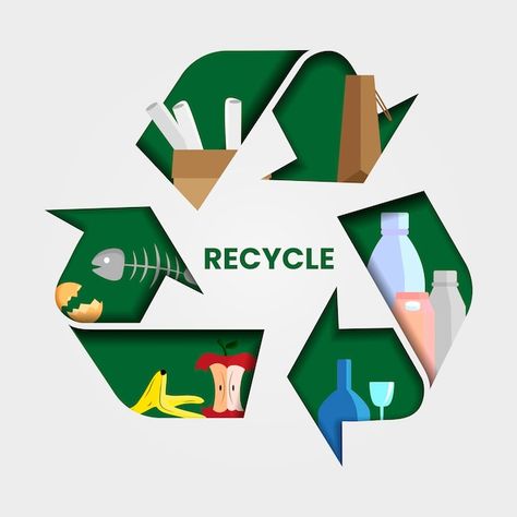 Recycling symbol with various objects th... | Premium Vector #Freepik #vector #waste-recycling #plastic-recycle #waste #plastic-waste Poster Pengolahan Sampah, Recycle Graphic Design, Aesthetic Recycling, Recycling Logo Design, Recycle Drawing, Recycle Poster Design, Recycling Poster, Food Recycling, Recycled Logo