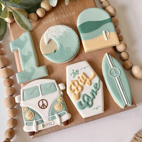 The Big One Cookies Decorated, The Big One Surf Theme Birthday, Surf Birthday Cookies, Surf Cookies Decorated, Surf Theme Cookies, The Big One First Birthday Cake, The Big One Surf Cookies, The Big One Cupcakes, The Big One Birthday Cookies