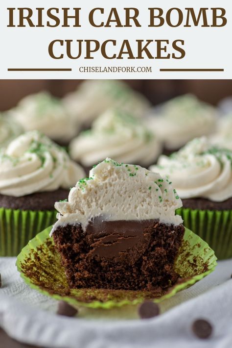 Baileys Frosting, Irish Car Bomb Cupcakes, Irish Cream Frosting, Guinness Cupcakes, Irish Car Bomb, Irish Car, Boozy Cupcakes, Guinness Chocolate, Car Bomb