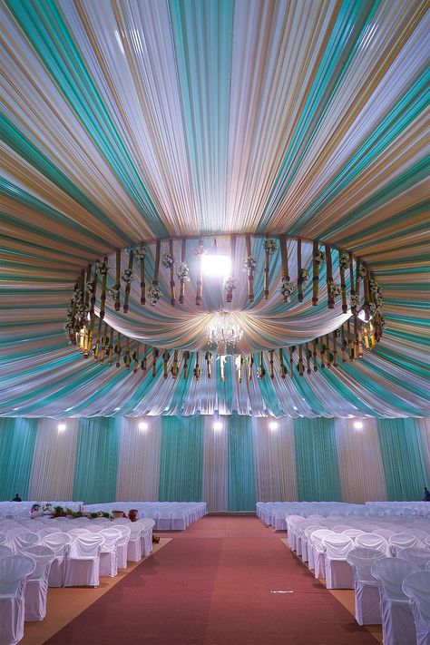 Durga Mandap Decoration, Wedding Pandal, Wall Painting For Hall, Marriage Hall Decoration, Mandap Decoration, Marriage Hall, Reception Stage Decor, Wedding Ceiling, Wedding Hall Decorations