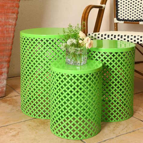 PRICES MAY VARY. Sturdy and Reliable: these nesting side tables are made of sturdy, not easily rusty metal with a stable surface that can withstand a capacity of up to 55 lbs; Size: Large: 14.5"D x 19.25"H, Medium: 12.5"D x 16.5"H, Small: 10.5"D x13.75 "H; Comes with a waterproof outdoor furniture cover Vintage Elegance: the outdoor garden stool features a green finish that is simple and welcoming, and a special metal laser cut elegant openwork pattern that gives it a classic chic appeal and int Outdoor Nesting Tables, Outdoor Side Table Ideas, Green Side Tables, Diy Patio Side Table, Colorful Side Table, Waterproof Outdoor Furniture, Rustic Outdoor Decor, Garden Stools, Indoor Living Room