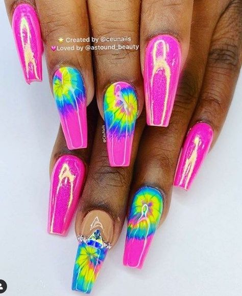 Summer Nails Bright Neon Acrylic Nails, Short Gel Nail Art, Bright Color Nails, Finger Nail Designs, Beautiful Gel Nails, Tye Dye Nails, Bright Summer Acrylic Nails, Nail Design Glitter, Bright Nail Designs