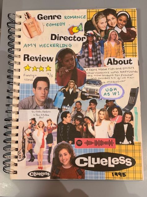 Clueless Scrapbook, Film Journal Ideas, Movie Scrapbook, Clueless Journal, Bullet Journal Lettering, Movie Journal, Movie Collage, 잡지 레이아웃, Film Journal