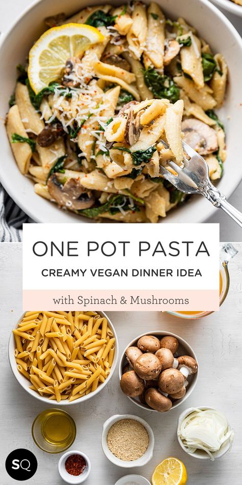 This one-pot Pasta with Spinach and Mushrooms is a creamy vegan dinner made with fresh veggies, nutritional yeast, and penne pasta. And it's ready. With wilted spinach and sauteed mushrooms, this penne pasta recipe works any night of the week, can be easily amped up with your favorite protein and works great for meal prep. One-Pot Pasta with Spinach & Mushrooms | Easy Summer Recipe | Vegan & Gluten-Free Ideas | Simply Quinoa Asian One Pot Pasta, Healthy Pasta With Mushrooms, Meal Prep With Mushrooms, Mushroom Pasta Recipes Vegan, Vegan Penne Pasta Recipes, Vegan Spinach Pasta Recipes, One Pot Vegan Pasta, Vegan High Protein Pasta, Staple Dinners