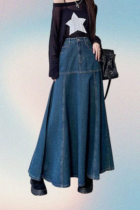 Versatile chic denim skirt. Button with zipper closure,2 pockets,pleated big hem flared flowy denim jean skirt,casual umbrella swing maxi flowy skirt,a-line sihouette,full length denim skirt, below the knee length, cute skirts for women. Simply Design, Suitable for any occasion. #amazon #amazonfinds #amazonbestsellers #maxiskirt #denim #jean #longskirt #darkblue Flowy Denim Skirt, Long Jeans Skirt Outfit, Maxi Jean Skirt Outfits, Tiered Denim Skirt, Tiered Skirt Outfit, Jean Skirt Long, Jean Maxi Skirt, Ruffle Skirt Outfit, Long Jeans Skirt