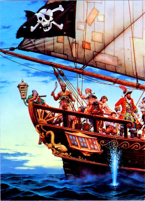 Pirate ship in battle-  by Don Maitz Angus Mcbride, Homemade Pirate Costumes, Pirate Images, Highway Men, Pirate Crafts, Pirate Ships, One Piece World, Pirate Art, Adventure Of The Seas