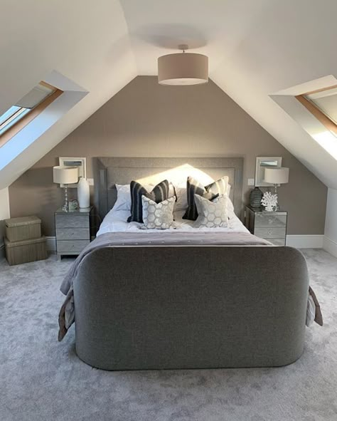 We are loving this beautiful loft conversion by @mrsvictoriabaker_athome the windows either side of the room let in so much natural light and the colour scheme and accessories work together perfectly!  #loverenovate #renovation #renovating #toptips #interiorlover #loftconversion #naturallight #greycarpet #loftconversioninspiration Loft Bedroom Decor, Loft Room Ideas, Loft Conversion Bedroom, Attic Bedroom Small, Attic Bedroom Designs, Attic Loft, Attic Bedrooms, Attic Remodel, Loft Room