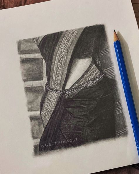 Aesthetic Shading Drawing, Art Sketches Pencil Creative Inspiration, Saree Drawing Sketches Pencil, Girl In Saree Drawings, Saree Designs Drawing, Saree Art Drawing, Saree Pencil Drawing, Art Drawings Ideas Creative Sketchbooks, Pencil Art Reference