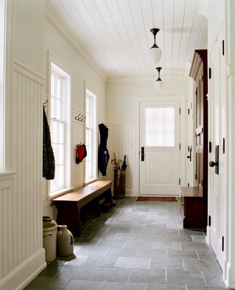 Traditional Mudroom, Vintage Mudroom, Traditional Laundry Room, Mudroom Remodel, Farmhouse Mudroom, White Beadboard, Mudroom Flooring, Slate Tile Floor, Mud Room Entry