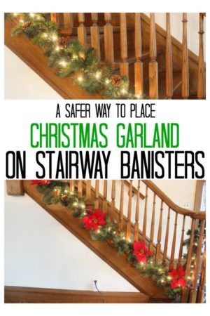 A safer way to place Christmas garland on stairs. This still allows you to use the banister/handrail. Stairs Remodeling, Stair Garland, Banister Garland, Christmas Garland On Stairs, Christmas Banister, Remodeling Hacks, Christmas Stairs Decorations, Christmas Staircase Decor, Christmas Stairs