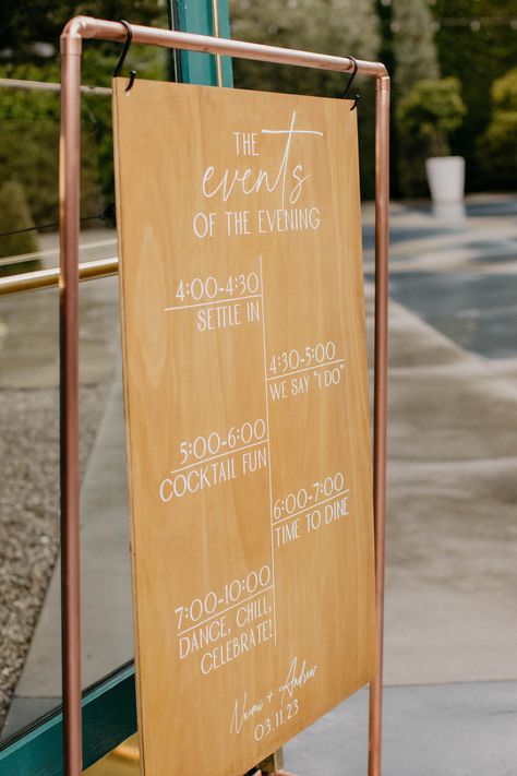 A simple wooden sign featuring the wedding day's events, like a standing program, at a couple's sophisticated "backyard" garden wedding in Los Angeles. Backyard Wedding Signage, Wood Wedding Signage, Diy Welcome Sign Wood Wedding, Wedding Wood Welcome Sign, Plywood Welcome Sign Wedding, Wooden Wedding Seating Chart Sign, Rustic Wedding Welcome Sign Wood, Wedding Day Itinerary, Wooden Signage