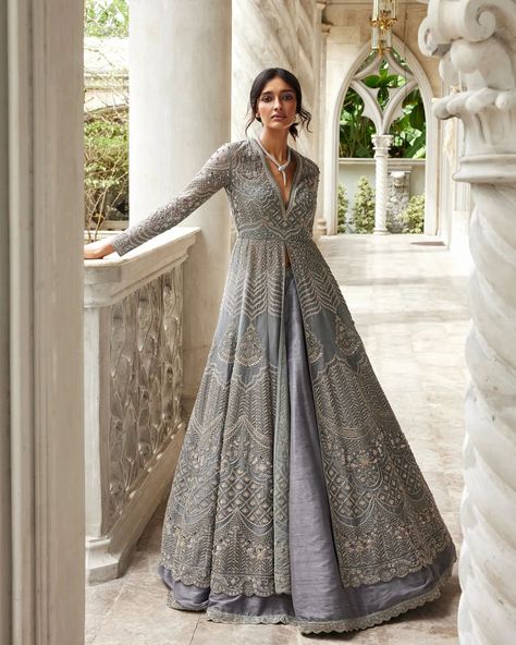 5 Types Of Roka Outfits For Modern Brides-To-Be - ShaadiWish Bridal Gowns Indian Receptions, Roka Outfits, Indian Wedding Reception Outfits, Reception Outfits, Jayanti Reddy, Anarkali Lehenga, Heavy Dresses, Wedding Lehenga Designs, Embroidered Anarkali