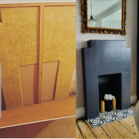 Deco fireplace. How we gave our 1930s tiled fireplace a stylish makeover #periodfeatures #artdeco #artdecofireplace #tiledfireplace #interiorinspo #firedearthtiles #firedearth #makeover 1960 Fireplace Makeover, Art Deco Tiled Fireplace, 1930 Fireplace Makeover, 1930s Tiled Fireplace, 1930s Fireplace Makeover, 1920s Fireplace, Artsy House, 1930s Fireplace, Deco Fireplace