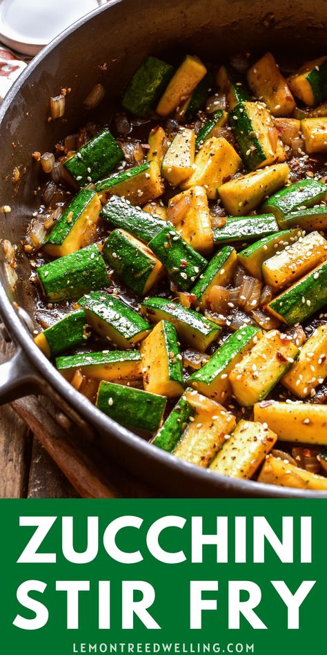 Stir fried zucchini and onions in a sweet and savory sauce, garnished with sesame seeds and crushed red pepper flakes. This dish is delicious over rice or all on its own! Low Carb Recipes Asian, Asian Squash And Zucchini, Zucchini Ideas Dinners, Zucchini And Onions Recipes, Zucchini Peppers Recipes, Zucchini Stir Fry Veggies, Pepper Zucchini Recipes, Easy Sauteed Zucchini, Chicken Stir Fry With Zucchini And Squash