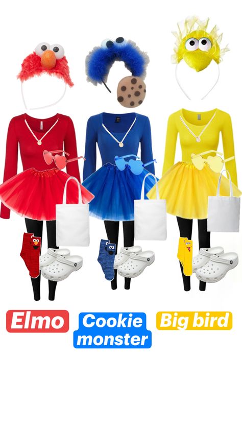 Trio Elmo Costume, Elmo Costume, Cookie Monster Costume, Elmo Cookies, Elmo And Cookie Monster, Trio Halloween Costumes, Pretty Halloween Costumes, Yellow Duck, Cute Halloween Costumes