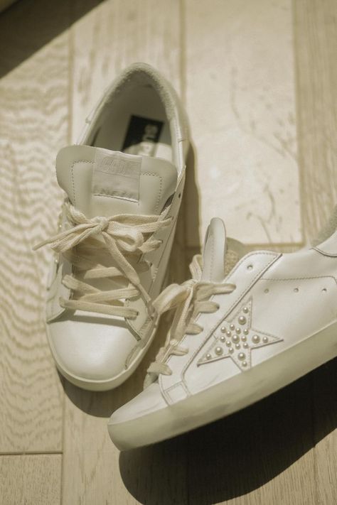 white sneakers worn for wedding, Golden Goose sneakers with pearls and off-white laces Golden Goose Wedding, Party Sneakers, Bride Sneakers, Bridal Sneakers, Dance All Night, Wedding Sneakers, Preppy Shoes, Sedona Wedding, Goose Sneakers