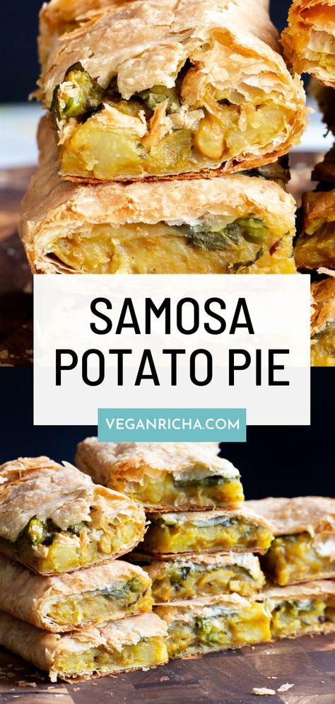 Lovers of Indian flavors need to make this Samosa pie! It's like a giant veggie samosa and has everything we love about Samosas…but comes in giant pie form! This is a great savory pie perfect for the holidays but also makes for great party food. Samosa Pie, Vegan Samosa, Vegan Feast, Savory Tarts, Vegan Entrees, Vegan Richa, Pies Maker, Puff Pastry Sheets, Chaat Masala