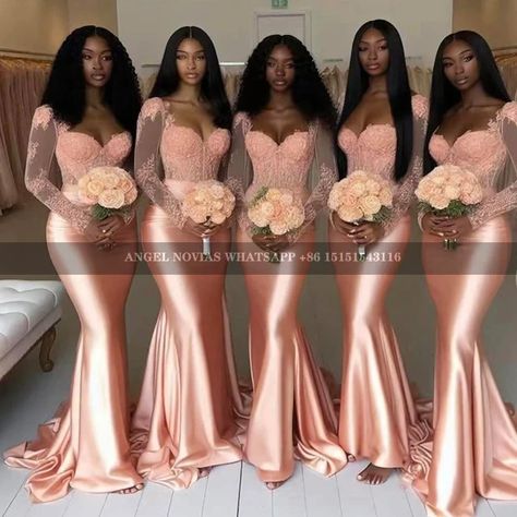 Long Sleeves Mermaid Peach African Bridesmaid Dresses Wedding Party Gowns vestido de festas elegante casamento - AliExpress 320 Mermaid Long Bridesmaid Dresses With Sleeves, Wedding No Bridesmaids, Long Sleeved Bridesmaids Dresses, Bridesmaid Elegant Dresses, Long Sleeve African Dress, Blush Bridesmaid Dresses Black Women, Shades Of Peach Bridesmaid Dresses, Wedding Made Of Honor Dresses, Pink Bridal Shower Outfit For Guest