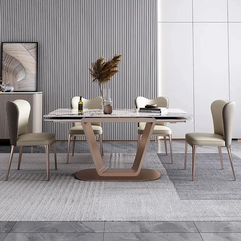 Rectangle Extendable Dining Table with Sintered Stone Top & Stainless Steel Base Dining Table With Stone Top, Stone Dining Room, Metal Table Top, Dinette Sets, White Table Top, Small Dining Table, Sintered Stone, White Chair, Solid Wood Table