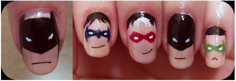 The Bat boys nail art Robin/Nightwing/Redhood Boys Nail Art, Robin Nails, Nightwing Redhood, Nightwing Red Hood, Carrie Kelly, Batman Nails, Helena Wayne, Red Hood Dc, The Bat Boys