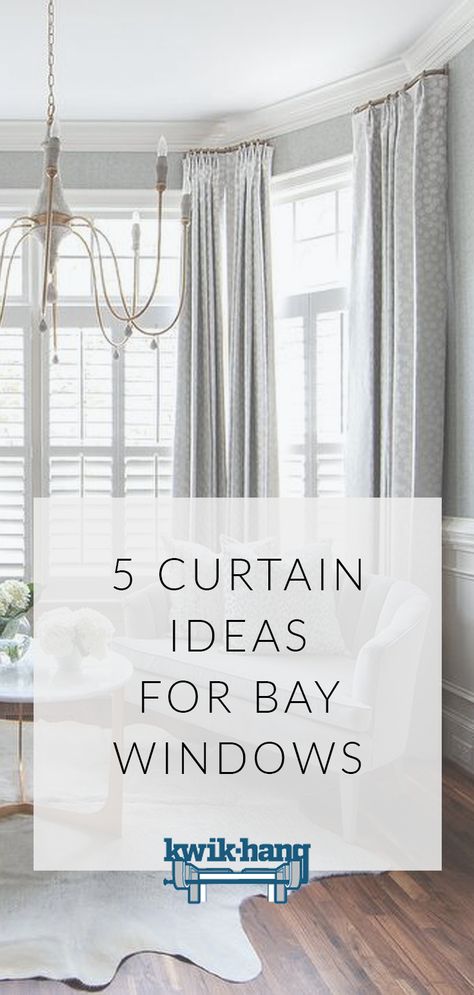 Spotlight on bay window decor! Check out bay window treatments and bay window curtain ideas to decorate your living room, sitting room, dining room or bedroom today. For more curtain tips, curtain inspiration and home decor ideas, visit us at www.kwikhang.com. Curtain Ideas For Bay Windows, Bay Window Curtains Living Room, Ideas For Bay Windows, Bay Window Curtain Ideas, Bow Window Treatments, Bay Window Bedroom, Bay Window Decor, Living Room Bay Window, Bay Window Treatments