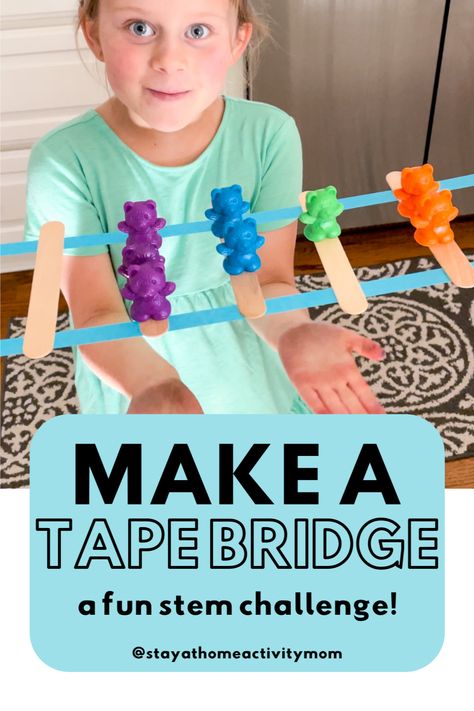 Using just a few supplies around the house, you can challenge your child to make a tape bridge. This fun preschool STEM activity by Stay at Home Activity Mom focuses on problem-solving, fosters curiosity and creativity, and works on fine motor skills! Click to see the activity in action and learn more today. Bridge Preschool Activities, Science Gross Motor Activities, Steam Challenges For Preschool, Challenges For Preschoolers, Engineer Activities For Preschool, Stem Challenges Preschool, Pre K Enrichment Activities, Prek Outside Activities, Stem Week Preschool