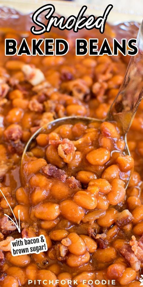 These smoked baked beans are thick, smoky, sweet, and have bacon! These semi-homemade baked beans made from canned beans are so easy and crazy yummy! This mouthwatering recipe is the perfect side dish! Check out this popular, tasty smoked baked beans recipe! Smoked Pork And Beans, Smoked Baked Beans Recipe, Smoked Baked Beans, Pork And Beans Recipe, Bake Beans, Bbq Side Dish Recipes, Traeger Cooking, Pork And Beans, Bbq Side Dish