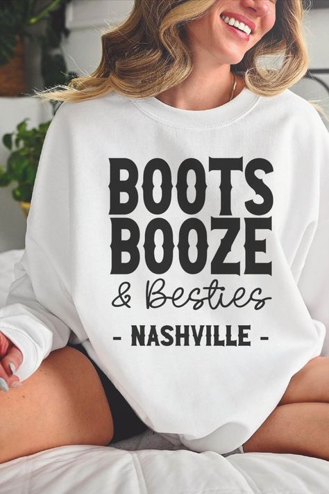 Looking for the perfect way to kick off your Nashville bachelorette party for a memorable girls trip matching shirts? Look no further than these hilarious, cowgirl-inspired boots! With a Boots Booze andd Besties custom sweatshirt and some delicious booze, you'll have everything you need to make this weekend unforgettable. Plus, our matching bachelorette shirt is the perfect finishing touch! Nashville Bday Party, Nashville Birthday Weekend Outfits, Nashville Bach Theme, Nashville Shirts Ideas, Nashville Bachelorette Party Themes Outfits, Nashville Bachelorette Party Outfit Bride, Bachelorette Party Ideas Nashville, Nashville Bachelorette Party Themes, Nashville Bachelorette Outfits