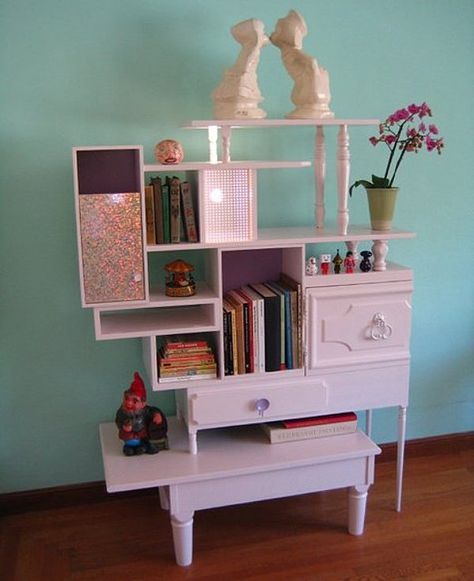 I don't know that I have the persistence to collect materials to make this shelving unit, but I sure do think it is cute. Vintage Furniture Repurposed, Pastel Danish, Shelf Inspiration, Decor Shabby Chic, Reclaimed Furniture, Redo Furniture, Repurposed Furniture, Upcycled Furniture, Pinterest Board