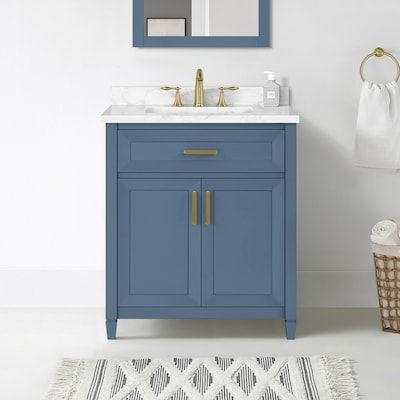 allen + roth Lancashire 30-in Chambray Blue Undermount Single Sink Bathroom Vanity with White Engineered Stone Top in the Bathroom Vanities with Tops department at Lowes.com Bathroom Cabinet Colors, Removable Backsplash, 24 Inch Bathroom Vanity, Blue Bathroom Vanity, Powder Room Vanity, Small Bathroom Sinks, Blue Vanity, Small Bathroom Vanities, Single Sink Bathroom