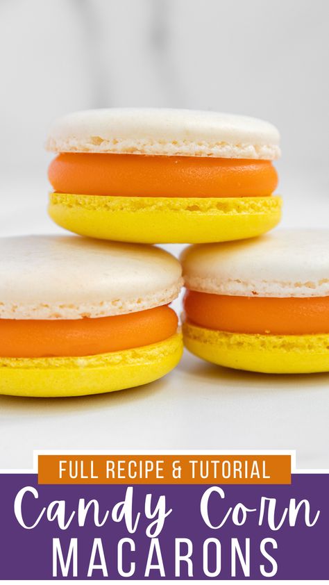 These candy corn macarons taste just like our favorite little halloween candies, and are filled with candy corn ganache!! Macarons Filling, Halloween Macaroons, October Dessert, Halloween Macarons, Making Macarons, French Macaroon Recipes, Macaron Recipes, Halloween Candies, Candy Corn Cookies