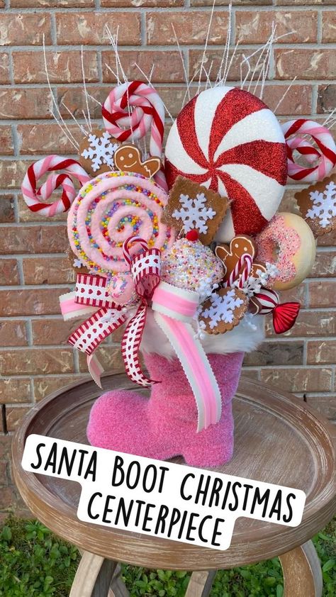 Santa Boot Christmas Centerpiece: Wreaths by Waldo | Christmas wreaths, Candy christmas decorations, Christmas decorations Christmas Tree Flowers, Gingerbread Christmas Decor, Christmas Homescreen, Gingerbread Decorations, Christmas Centerpieces Diy, Pink Christmas Decorations, Christmas Themes Decorations, Christmas Centerpiece, Diy Christmas Decorations Easy