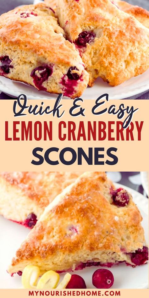 These quick and easy lemon cranberry scones are baked with fresh cranberries and only need 20 minutes in the oven. They are sweet with a little tart kick from the fresh berries and lemon. These scones are fantastic with a cup of coffee or tea for a light breakfast on a fall or winter morning. Cranberry Oatmeal Scones, Lemon Cranberry Scones Recipe, Lemon Berry Scones, Rosemary Scones Recipe, Lemon Cranberry Scones, Cranberry Orange Sour Cream Scones, Gingerbread Scones Recipe, Cranberry Scones Recipe Easy, Scones In A Jar