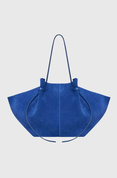 The Large Mochi bag with Blue Suede and leather handles. Modern Bag, Diy Handbag, Large Wallet, Leather Cross, Big Blue, Leather Handles, Exclusive Bag, Blue Suede, Soft Suede