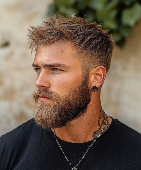 Caesar Cut with Edgy Spiky Texture Haircut And Beard For Men, Spiky Haircut Men, Men’s Short Hair Styles, Hard Part Haircut Mens, Warrior Haircut Men, Men S Hairstyle Short, Men’s Fade, Fade Haircut Men's, Haircut For Men Fade