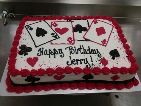 Poker cake Casino Theme Sheet Cake, 50th Poker Birthday, Poker Cake Birthday, Casino Cake Ideas For Men, Casino Theme Party For Men, Casino Sheet Cake, Gambling Cake Ideas, Casino Theme Birthday Cake, Poker Birthday Cake