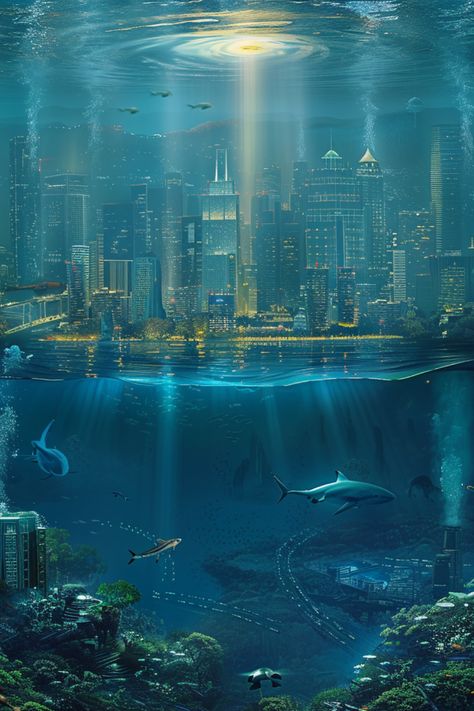 /imagine an underwater city with a light source on the sea bed that illuminates the city. There are other sea creatures swimming around the city. We can see trees, rivers and mountains in this underwater world. The art style is hyper realistic. --v 6.0 - Image #4 Fantasy Underwater City Concept Art, Mermaid City Underwater, Under The Sea Concept Art, Underwater City Aesthetic, Underwater Transportation, Sea World Aesthetic, Hydropunk Aesthetic, Belize Painting, Underwater Bed