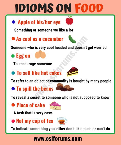 10 Interesting FOOD Idioms and Their Meaning! - ESL Forums Food Idioms, Common English Idioms, English Poster, Tatabahasa Inggeris, Idiomatic Expressions, English Phrases Idioms, Improve English, Idioms And Phrases, Essay Writing Skills