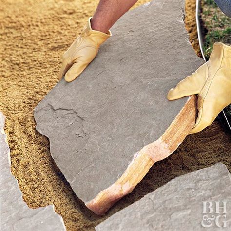 Walkway Project Diy Stone Walkway, Paver Walkway Diy, Walkway Designs, Flagstone Pathway, Gravel Walkway, Flagstone Pavers, Flagstone Walkway, Flagstone Path, Backyard Walkway