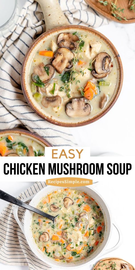 This easy Chicken Mushroom Soup is a comforting and flavorful dish that's easy to prepare. Made with simple ingredients like chicken, mushrooms, carrots, and spinach, this soup is hearty and delicious. Soup Mushroom Chicken, Chicken Noodle Soup With Mushrooms, Mushroom And Spinach Soup, November Soup Recipes, Chicken Spinach Mushroom Soup, Chicken Spinach Soup Recipes, Spinach Chicken Soup, Mushroom Soup Without Cream, Chicken Breast Soup