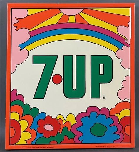 Artwork by Peter Max, 7UP Metal Advertising Sign, Made of screenprint 60s Aesthetic Art, Mars Illustration, Groovy Illustration, Soda Advertising, Peter Max Art, 60s Aesthetic, Graphic Layout, Vintage Soda, Park Street