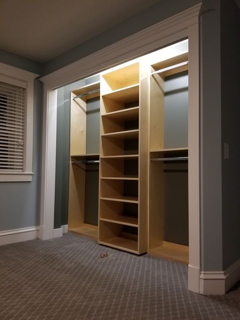 Natural Birch Reach in Closet. Fabricated to fit your space! Shared Reach In Closet Ideas, How To Build A Reach In Closet, Built In Closet System, Building A Closet Organizer, 8ft Closet Organization, Reach In Closet With Dresser, Dual Closet Ideas, Double Closet Ideas, Closet Design Layout Reach In