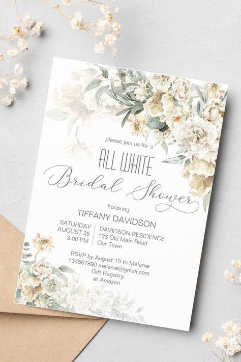 All white bridal shower silver white sage floral invitation template for white themed bridal shower All White Bridal Shower Ideas, White Bridal Shower Theme, White Floral Invitation, Bridal Shower White, Floral Invitations Template, White Bridal Shower, Themed Bridal Shower, Bridal Shower Inspiration, Shower Inspiration