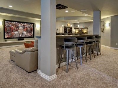 Transitional Basement, Basement Home Theater, Dream Basement, Basement Layout, Basement Living Rooms, Basement Renovation, Diy Basement, Small Basements, Basement Design Ideas