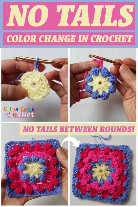 In this No Tails Color Change In Crochet tutorial you will learn exactly how to change color in crochet leaving no yarn tails to weave in at the end between rounds, rows or stripes. This method dramatically reduces the time you spend weaving in the ends because you’ll only have one end left for every motif or two ends say per stripy blanket. Crochet Granny Square Free Pattern, Granny Square Free Pattern, Change Colors In Crochet, Colourful Crochet, Granny Square Crochet Patterns Free, Crochet Stitches Guide, Yarn Tail, Granny Square Crochet Pattern, Single Crochet Stitch