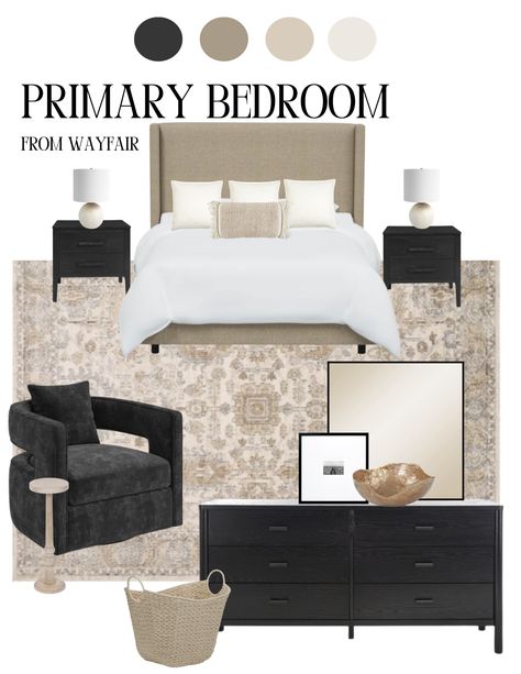 Tan And Black Bedroom Ideas Neutral Tones, Grey Beige And Black Bedroom, Black Bedroom Furniture Aesthetic, Black White Cream Bedroom, Modern Cozy Bedroom Neutral Grey, Young Women Bedroom Ideas, Black Neutral Bedroom, Neutral Bedroom With Black Accents, Beige And Black Bedroom Ideas