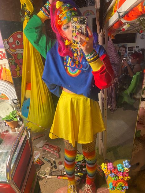 Colorful Kidcore Outfits, 80s Arcade Outfit, Pastel Rainbow Aesthetic Outfit, Rainbow Clown Outfit, Technicolor Outfit, Kidcore Clothes Aesthetic, Bardcore Outfit, Kidcore Style Outfits, Kidcore Fursona