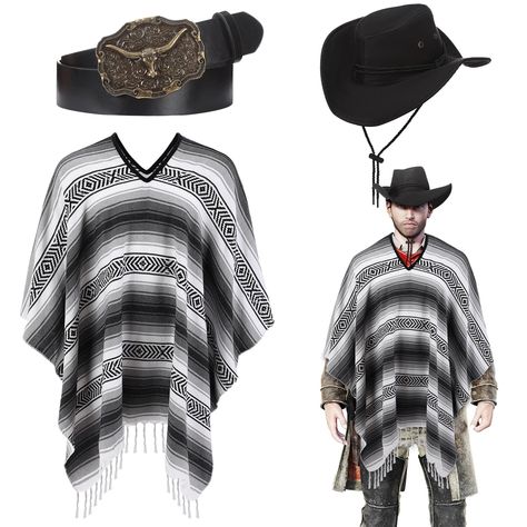 PRICES MAY VARY. Western Cowboy Costume for Men: the cowboy outfit for men includes 1 western poncho, 1 western hat, 1 cowboy belt; All crafted with proficient attention to detail, to transform you into a cowboy instantly, offering a complete solution for your Halloween and western themed party needs Fit for Most Men: our western poncho measures about 36 x 72 inches when unfolded, one size fits most, and the cowboy hat is adjustable to fit your head well, head circumference of 22.8 inches, where Lumberjack Costume Mens, Unique Halloween Costumes Men, Cowboy Costume For Men, Cowboy Costume Mens, Bank Robber Costume, Easy Mens Halloween Costumes, Western Poncho, Mexican Halloween Costume, Lumberjack Costume