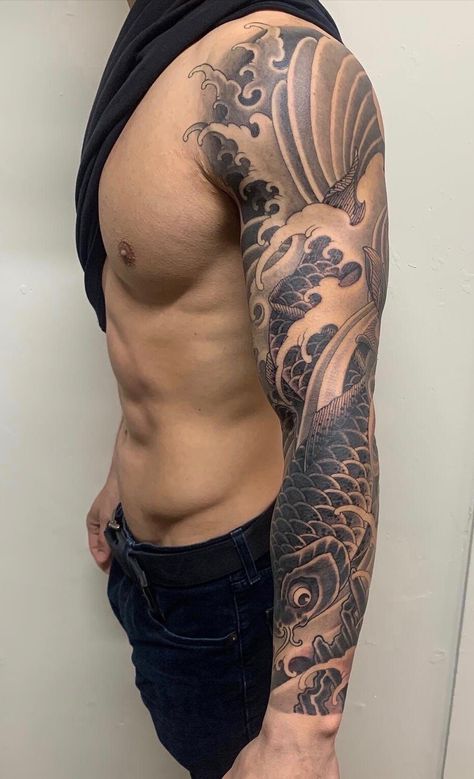 Water and koi Japanese tattoo sleeve in black and grey tones Black And Gray Japanese Tattoo, Sleeve Tattoos Asian, Japanese Sleeve Tattoos Black And Grey, Japanese Black And Grey Tattoo, Traditional Tattoo Art Sleeve, Neotrad Sleeve, Japanese Tattoo Black And Grey, Japanese Arm Sleeve, Asian Tattoo Sleeve