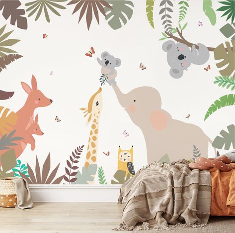 Animal Wall Painting, Kids Bedroom Wallpaper, Nursery Wall Painting, Baby Nursery Design, Wall Stickers Animals, Baby Room Themes, Floral Wall Decals, Kids Room Paint, Nursery Wall Murals